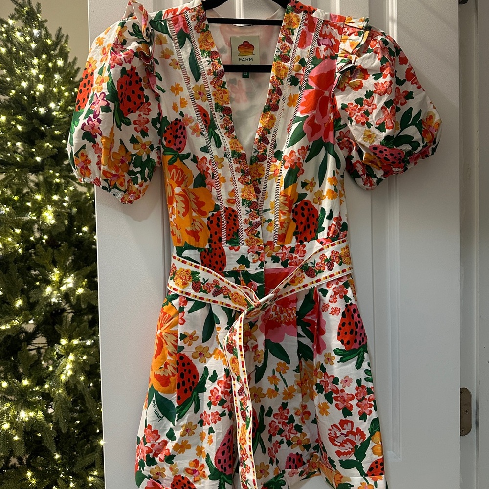 FARM Rio Flowerfull Puff Sleeve Cotton Belted Romper